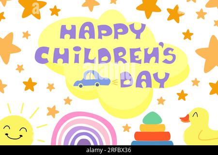 Poster del giorno dei bambini felici. Frase celebrativa con arcobaleno, auto, anatra e sole. Elementi bambini vettoriali isolati su sfondo bianco. Illustrazione Vettoriale