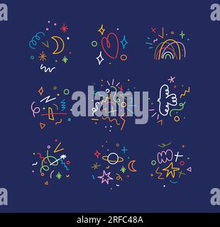Composizione lineare di colore carino con luna, cuore, arcobaleno, tornado, pianeti, simboli ed elementi disegnati su sfondo blu Illustrazione Vettoriale