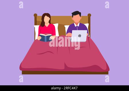 Coppia di personaggi in piano che trascorre del tempo a letto con un comodo materasso prima di addormentarsi. Uomo con un notebook che naviga in Internet. Donna, leggendo Foto Stock