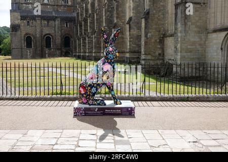 Hares of Hampshire Art Trail Winchester England 2022, Flora e Midnight Garden Hare di Marnie Maurri fuori dalla cattedrale di Winchester Foto Stock