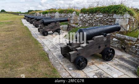 CASTELLO DI PENDENNIS, FALMOUTH, CORNOVAGLIA, REGNO UNITO - 5 LUGLIO 2023. Cannoni navali medievali su merlature al castello di Pendennis a Falmouth, Cornovaglia. Foto Stock