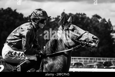 Random Harvest e il fantino Saffie Osborne vincono il gruppo 3 Longines Valiant Stakes per l'allenatore ed Walker e la proprietaria Lady Bamford. Foto Stock