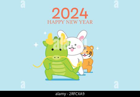 Carta CNY 2024 con simpatici animali zodiacali. Anno del drago biglietto di auguri o striscione, tre animali zodiacali, drago, coniglio e tigre. Illustrazione Vettoriale