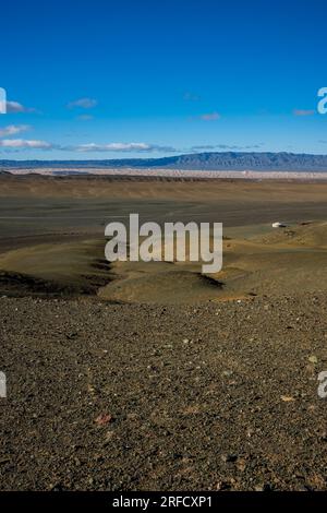 Vista delle dune di sabbia di Hongoryn Els (Khongoryn Els) nel deserto del Gobi, nel Parco nazionale Gobi Gurvansaikhan, nella Mongolia meridionale con una gabbiera in prua Foto Stock