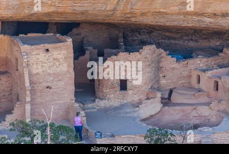 Le antiche dimore rupestri nel Mesa Verde National Park in Colorado risalgono a prima del 1300 d.C. Foto Stock