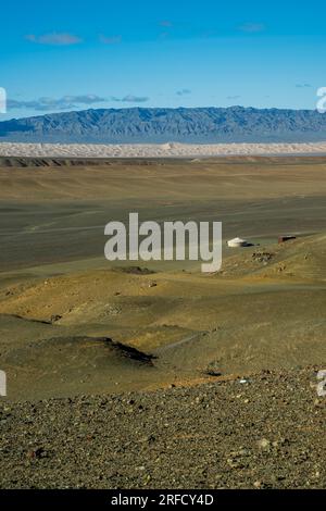 Vista delle dune di sabbia di Hongoryn Els (Khongoryn Els) nel deserto del Gobi, nel Parco nazionale Gobi Gurvansaikhan, nella Mongolia meridionale con una gabbiera in prua Foto Stock