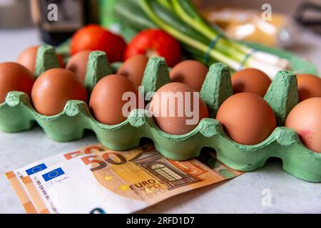 Costo della vita, concetto di inflazione alimentare con banconote in euro sotto un pacchetto di uova e altri generi alimentari. Foto Stock