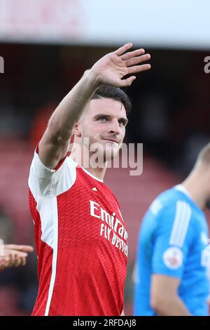 Londra, Regno Unito. 2 agosto 2023. Declan Rice of Arsenal dopo la partita di Emirates Cup tra Arsenal e Monaco all'Emirates Stadium di Londra, Inghilterra, il 2 agosto 2023. Foto di Joshua Smith. Solo per uso editoriale, licenza necessaria per uso commerciale. Nessun utilizzo in scommesse, giochi o pubblicazioni di un singolo club/campionato/giocatore. Credito: UK Sports Pics Ltd/Alamy Live News Foto Stock