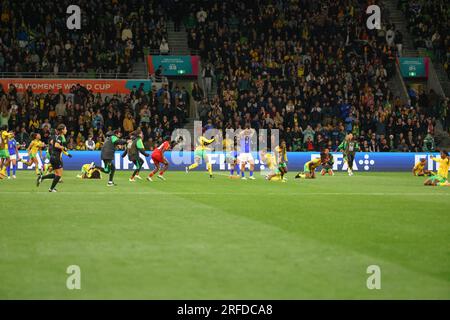 Melbourne, Australia. 2 agosto 2023. I giocatori giamaicani festeggiano dopo la Coppa del mondo femminile FIFA Australia e nuova Zelanda 2023, la partita del gruppo tra Giamaica e Brasile al Melbourne Rectangular Stadium.la partita si è conclusa con un pareggio 0-0. Credito: SOPA Images Limited/Alamy Live News Foto Stock