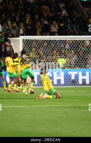 Melbourne, Australia. 2 agosto 2023. Khadija Shaw della Giamaica festeggia dopo la Coppa del mondo femminile FIFA Australia e nuova Zelanda 2023 girata tra Giamaica e Brasile al Melbourne Rectangular Stadium.la partita si è conclusa con un pareggio 0-0. Credito: SOPA Images Limited/Alamy Live News Foto Stock