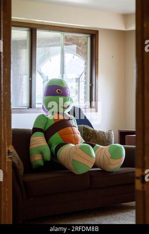 Un giocattolo imbottito Donatello Teenage Mutant Ninja Turtle seduto in posizione eretta su un divano. Foto Stock