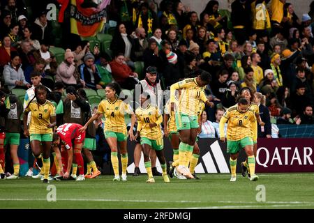 Melbourne, Australia, 2 agosto 2023. La squadra giamaicana si prepara durante la partita di calcio della Coppa del mondo femminile tra la Giamaica e il Brasile all'AAMI Park il 2 agosto 2023 a Melbourne, in Australia. Crediti: Dave Hewison/Speed Media/Alamy Live News Foto Stock