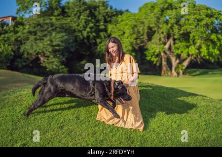 Una donna incinta serena e radiosa dopo il 40 e il suo cane, circondati dalla bellezza della natura nel parco, adorano il viaggio della maternità con un Foto Stock