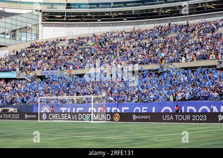 Chicago, Stati Uniti. 2 agosto 2023. Chicago, USA, 2 agosto 2023: I tifosi del Chelsea F.C. vengono visti prima della partita tra Chelsea F.C. e Borussia Dortmund mercoledì 2 agosto 2023 al Soldier Field di Chicago, USA. (NESSUN USO COMMERCIALE) (Shaina Benhiyoun/SPP) credito: SPP Sport Press Photo. /Alamy Live News Foto Stock