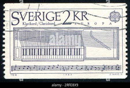 RUSSIA KALININGRAD, 20 OTTOBRE 2013: Timbro stampato dalla Svezia, mostra Clavichord, circa 1985 Foto Stock