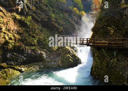 Bled, Slovenia - 23 ottobre 2022: Ponte di legno sul fiume Radovna nella gola di Vintgar vicino a Bled, Gorenjska, Slovenia, con passeggiate turistiche Foto Stock