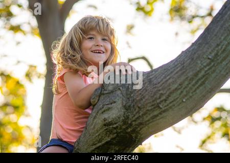 ragazzo di 8 anni che si arrampica su un albero alto nel parco. Superare la paura delle altezze. Buona infanzia. Capretto che cerca di arrampicarsi sull'albero Foto Stock