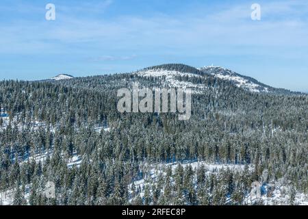 Il centro di sci di fondo Bretterschachten nella foresta bavarese vicino al Great Arber dall'alto Foto Stock