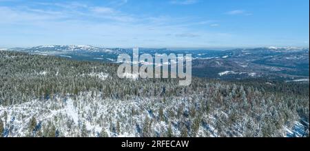 Il centro di sci di fondo Bretterschachten nella foresta bavarese vicino al Great Arber dall'alto Foto Stock