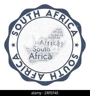 Logo Sud Africa. Straordinario distintivo country con nuvola di parole in forma di Sudafrica. Emblema rotondo con il nome del paese. Sorprendente illustrazione vettoriale. Illustrazione Vettoriale