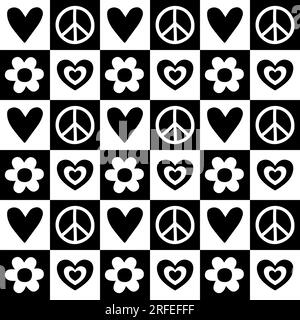 Motivo vettoriale senza cuciture con motivo a scacchiera retro con fiori e cuori isolati su sfondo bianco Illustrazione Vettoriale