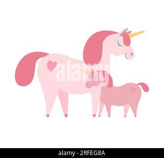 Unicorno vettoriale piatto disegnato a mano con Kid isolato su sfondo bianco Illustrazione Vettoriale