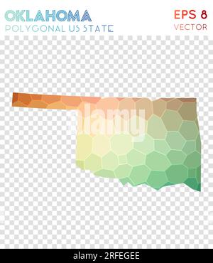 Mappa poligonale dell'Oklahoma, stile mosaico, stato degli Stati Uniti. Splendido e basso stile polietilene, design moderno. Mappa poligonale Oklahoma per infografiche o presentazioni. Illustrazione Vettoriale