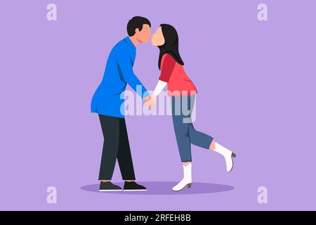 Design grafico piatto che disegna romantiche coppie maschili e femminili con labbra chiuse in bacio. Felici amanti delle coppie arabe che si baciano e si tengono per mano. Uomo An Foto Stock