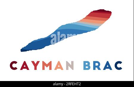 Mappa di Cayman Brac. Mappa dell'isola con bellissime onde geometriche in rosso e blu. Vivace forma Cayman Brac. Illustrazione vettoriale. Illustrazione Vettoriale