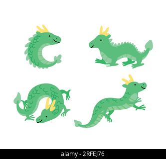 Collezione tradizionale di set vettoriali di draghi cinesi. Diverse pose di carini draghi cinesi dei cartoni animati. CNY 2024 vettore isolato del drago zodiaco cinese. Illustrazione Vettoriale
