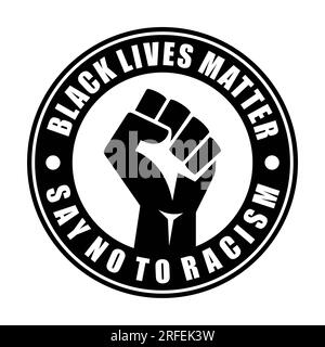 Le vite dei neri contano, diciamo no al razzismo con pugno sollevato su sfondo bianco. Illustrazione isolata. Foto Stock
