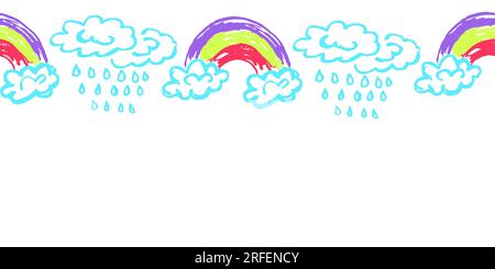 Bordo senza cuciture. Pioggia, arcobaleno. Disegni con pastelli di cera. Design vettoriale per carta, coperture, tessuti, decorazioni per interni e altri usi Illustrazione Vettoriale