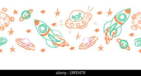 Margine senza cuciture dello spazio. Razzi. Disegni con pastelli di cera. Design vettoriale per carta, coperture, tessuti, decorazioni per interni e altri usi Illustrazione Vettoriale