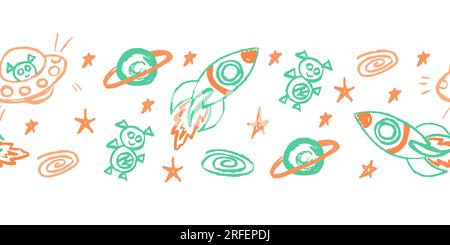 Margine senza cuciture dello spazio. Razzi. Disegni con pastelli di cera. Design vettoriale per carta, decorazioni per interni e altri usi Illustrazione Vettoriale