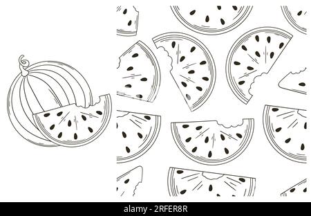 Colorazione per cucina, ristorante o negozio. Anguria. Con stile disegnato a mano. Può essere utilizzato per i tessuti Illustrazione Vettoriale