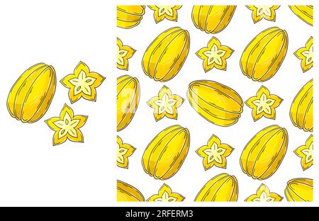 Carambola, Star-Fruit. Modello senza cuciture con frutta tropicale. Con stile disegnato a mano. Può essere utilizzato per tessuti e così via Illustrazione Vettoriale