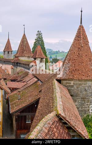 Svizzera, cantone di Friburgo, Morat (Murten), città medievale e fortificata, i bastioni Foto Stock