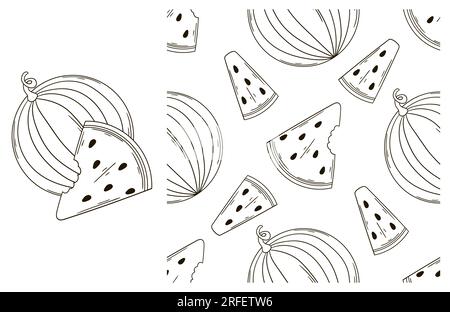 Colorazione per cucina, ristorante o negozio. Con stile disegnato a mano. Anguria. Può essere utilizzato per tessuti, imballaggi, carta da imballaggio e così via Illustrazione Vettoriale