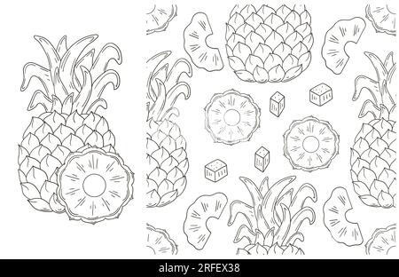 Colorazione con frutta tropicale. Ananas. Con stile disegnato a mano. Può essere utilizzato per i tessuti Illustrazione Vettoriale