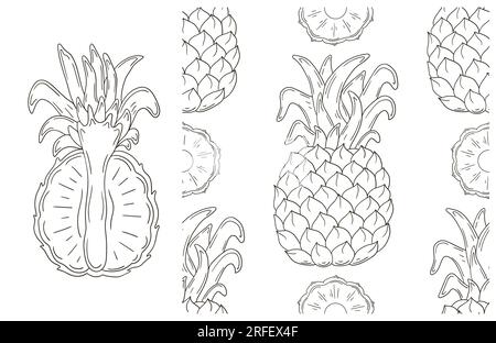 Colorazione con frutta tropicale. Con stile disegnato a mano. Ananas. Può essere utilizzato per tessuti, imballaggi, confezionamenti e così via Illustrazione Vettoriale