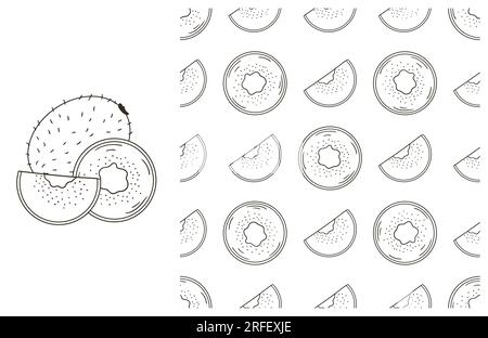 Colorazione per cucina, ristorante o negozio. Con stile disegnato a mano. Kiwi. Può essere utilizzato per i tessuti Illustrazione Vettoriale