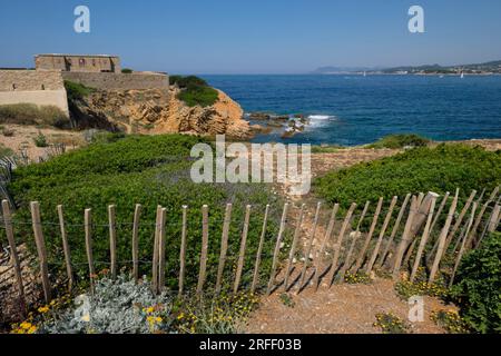 Francia, Var, Sanary sur Mer, Pointe de la Cride, batteria del XIX secolo, baia di Bandol Foto Stock