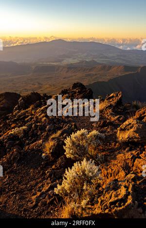 Francia, Isola della riunione, Parco Nazionale della riunione dichiarato Patrimonio dell'Umanità dall'UNESCO, vetta del Piton des Neiges (3070 m), vista sul Piton de la Fournaise (2632 m) Foto Stock