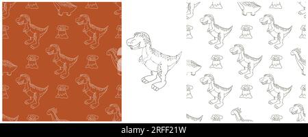 Imposta un divertente modello di dinosauro per bambini. Tyrannosaur. Colorare lo sfondo vettoriale dei dinosauri. Stampa Illustrazione Vettoriale