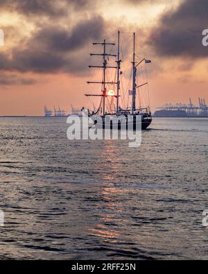 Francia, Calvados, Honfleur, Armada 2023, Grand Parade, La barchentina Thalassa lascia la baia della Senna al tramonto, il porto di le Havre sullo sfondo Foto Stock