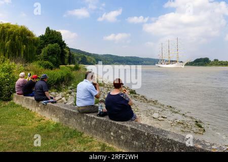 Francia, Eure, Vieux-Port, Armada 2023, la nave da addestramento polacca Dar Mlodziezy naviga lungo la Senna e guarda gli spettatori Foto Stock