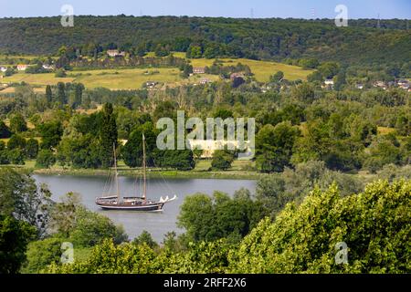 Francia, Seine-Maritime, Bardouville, Armada 2023, Ring Andersen, ketch trasformato in uno yacht, naviga lungo la Senna tra il verde e il lussureggiante paesaggio di campagna Foto Stock