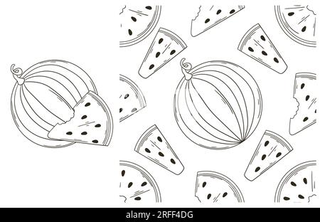 Colorazione per cucina, ristorante o negozio. Anguria. Con stile disegnato a mano. Può essere utilizzato per tessuti, imballaggi e così via Illustrazione Vettoriale