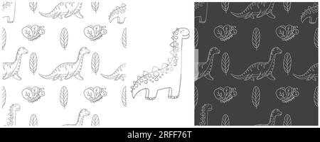 Set da colorare dinosauri. Simpatici dinosauri disegnati a mano con motivo senza cuciture. Stampa per design in tessuto, tessuto Illustrazione Vettoriale