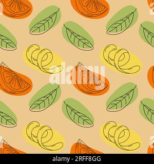 Pattern infiniti di immagini astratte di scorza di limone, fetta di arancia e foglia verde con punti colorati astratti in tonalità alla moda. Vettore. EPS. Design per la confezione, la carta da parati, il Web o il poster, lo striscione, la brochure Illustrazione Vettoriale